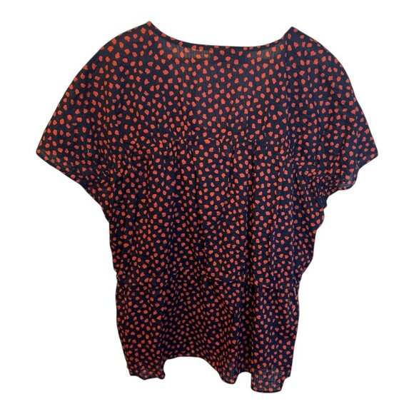 Inclan Studio Red Navy Blouse Top L 100% Cotton Short Sleeves Tie Waist V-Neck - Picture 5 of 8